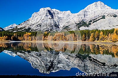 Rockies reflected in Wedge Pond an a crips autumn day. Spray Valley Provincial Park Stock Photo