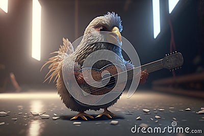 Rockin' Chicken: A Crazy Hen with a Guitar Playing Rockstar on Stage Stock Photo