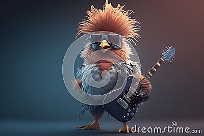 Rockin' Chicken: A Crazy Hen with a Guitar Playing Rockstar on Stage Stock Photo