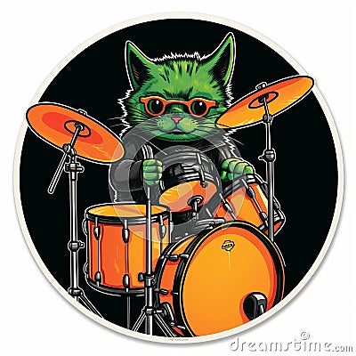 Rocking Black Cat Drummer Sticker By Rooster - Vibrant And Retro Design Cartoon Illustration