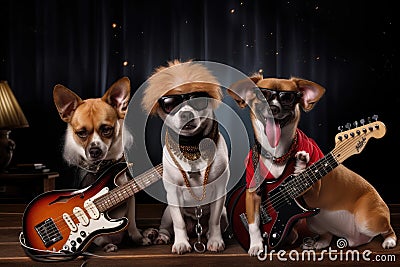 rocking dog with guitar and bandmates in the background, ready to rock out Stock Photo