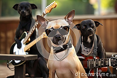 rocking dog with guitar and bandmates in the background, ready to rock out Stock Photo