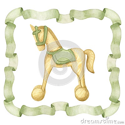 Rocking wooden horse baby toy for little boy in frame of green vintage ribbon. Antique pony wheels saddle. Hand drawn Cartoon Illustration