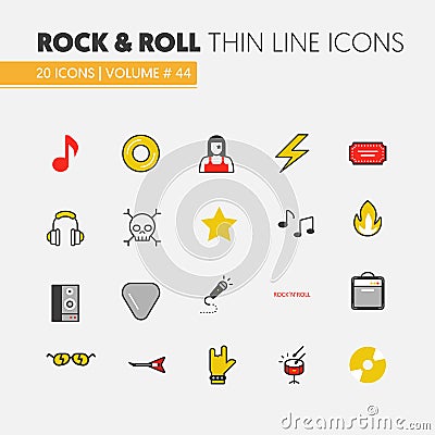 Rocknroll Linear Thin Line Icons Set with Musical Instruments Vector Illustration