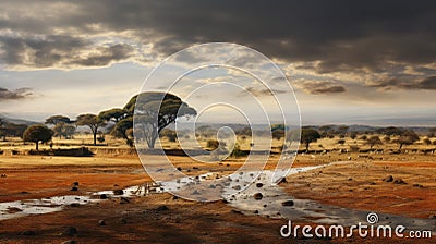 Mystical African Landscape: Yellow Tree In Dramatic Scenic Shot Stock Photo