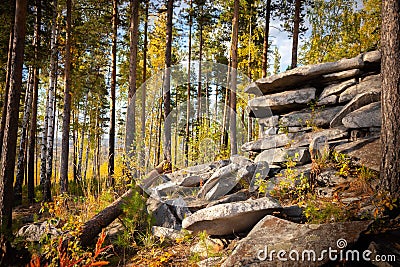 Rocks against the blue sky and forest Stock Photo
