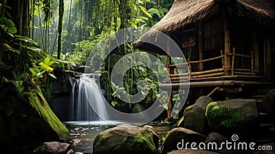 rocks bamboo hut Cartoon Illustration