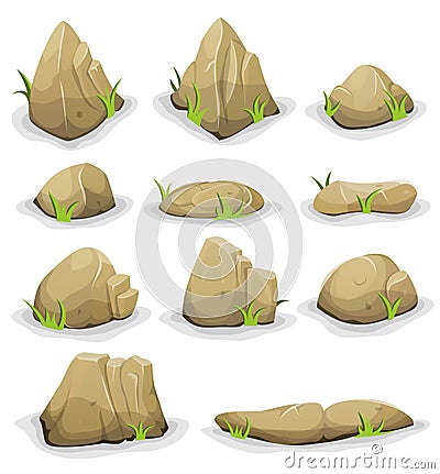 Rocks And Boulders With Grass Leaves Set Vector Illustration