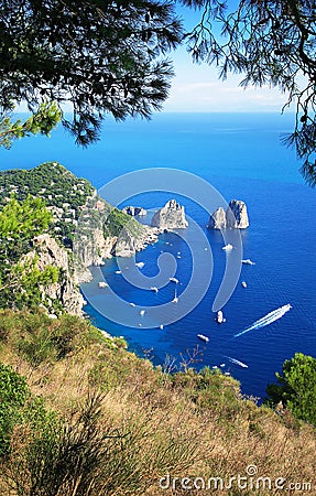 Rocks formations Faraglioni, Island Capri, Gulf of Naples, Italy, Europe Stock Photo