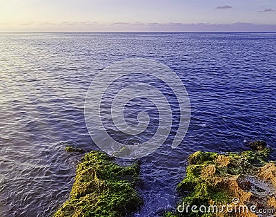 Rocks in front of Malecon and Atlantic Ocean during sunset - Havana, Cuba Stock Photo