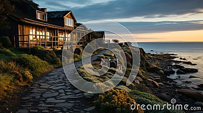 Luminous Seascapes: A Rocky Pathway In Front Of A House Stock Photo