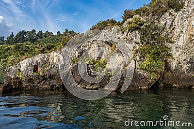 Maori Rock Carvings at Lake Taupo, New Zealand Editorial Stock Photo