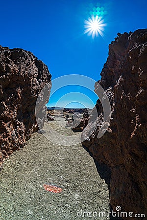 Rocks of Las Canadas caldera of Teide volcano. Mirador (viewpoint) Minas de San Jose Sur. Stock Photo