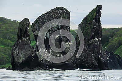 The rocks are named `Three Brothers`, near the coast of pacific ocean Stock Photo