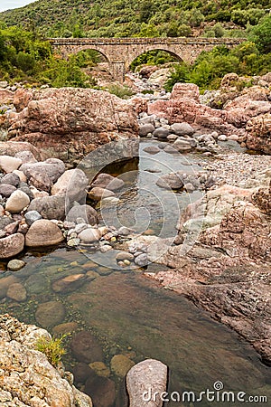 Rocks, river & Pont du Fango at Manso in Corsica Stock Photo