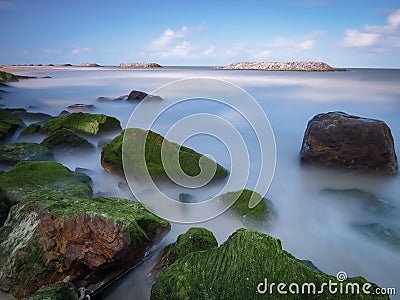 Rocks by the sea with moss on lt is a beauty created by nature Stock Photo