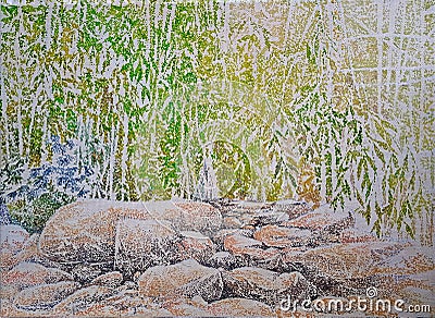 Rocks stone deep forest impressionism painting Stock Photo