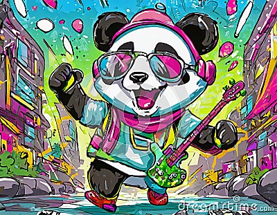 rockstar panda cartoon character illustration - graffiti-generated by ai Cartoon Illustration