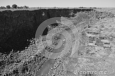 Rocky banks Malad River Devil`s Washbowl Malad Gorge Hagerman Idaho horizontal monochrome, black and white, wide angle Stock Photo