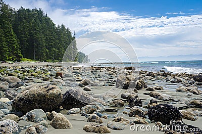 Deserted Beach in Sooke, BC, Canada, and Blue Sky with Clouds Stock Photo