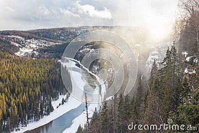 Rocky Butte `devil`s finger` within the rock `Osvenskii posts` and fog Stock Photo