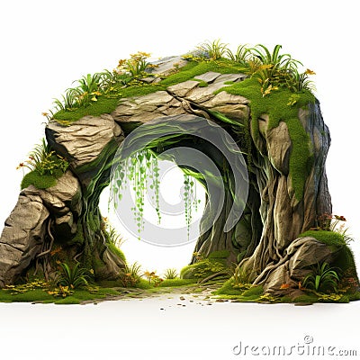 Lively 3d Cave Scene With Realistic Grass On White Background Stock Photo