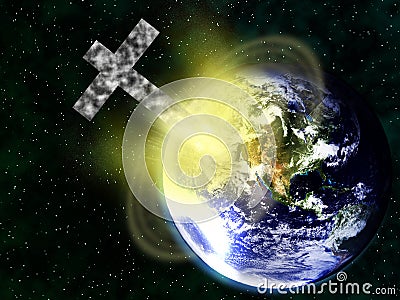 Rocky Christian cross colliding with earth Stock Photo