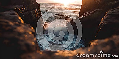 A rocky cliff with sharp, jagged edges and waves crashing at its base Stock Photo