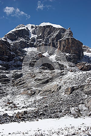 Rocky cliff of unclimbed Peak 5977, Himalaya, Nepal Stock Photo