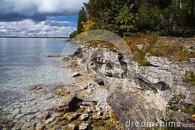 Rocky Cliff Walls of Cave Point Park, Door County Stock Photo