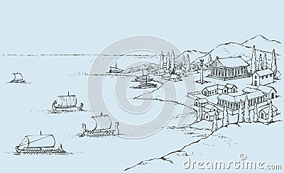 Rocky coast with ancient Greek buildings. Vector sketch Vector Illustration