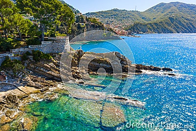 Rocky coast in Camogli, Italy. A bird-eye view on Adriatic seaside, Liguria. Stock Photo