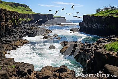 Rocky coast with seabirds and seascape Stock Photo