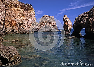 Rocky coastline, Ponta da Piedade, Portugal. Stock Photo