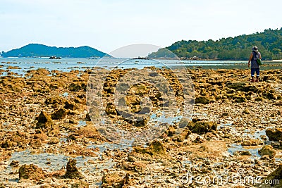 Rocky island coastal scenery during low tide at Besar Island or Pulau Besar in Mersing, Johor, Malaysia Editorial Stock Photo