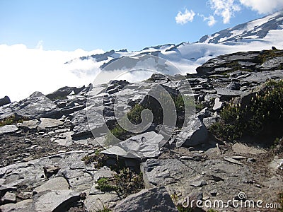 Rocky Landscape, Hiking Mount Rainier to Camp Muir Stock Photo