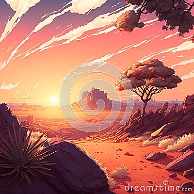 Rocky landscape of the Wild West desert, beautiful sunrise, dreamy mood, heavenly sky vibrant colors Cartoon Illustration
