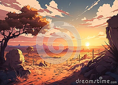 Rocky landscape of the Wild West desert, beautiful sunrise, dreamy mood, heavenly sky vibrant colors Cartoon Illustration