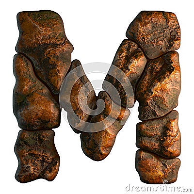 Rocky letter M. Font of stone on white background. 3d Stock Photo