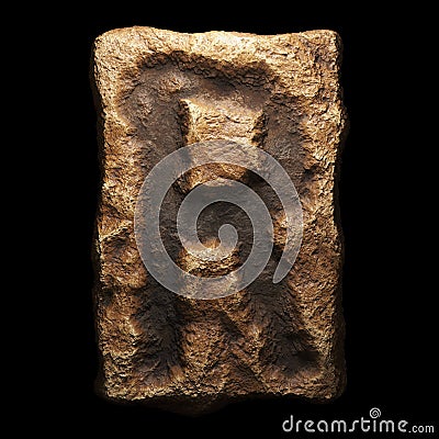 Rocky letter R. Font of stone isolated on black background. 3d Stock Photo