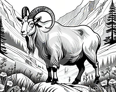 Rocky Mountain goat sheep mountains simple drawing Cartoon Illustration