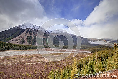 Rocky mountains and Athabasca River Stock Photo