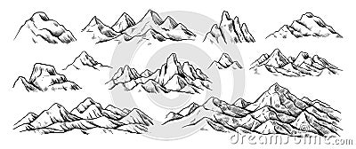 Rocky mountains sketch. Hand drawn nature landscape engraving. Hike and summit climbing background. Scenic cliffs and Vector Illustration