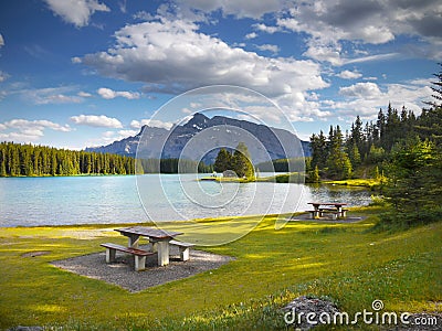 Rocky Mountains, Two Jack Lake, Canada Stock Photo