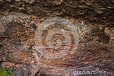 Aboriginal rock art depicting mimi spirits at Nourlangie Rock art site in Kakadu National Park, Australia. Stock Photo