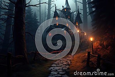 Rocky pathway leads to Halloween Horror house stands in depths of eerie black forest. Stock Photo