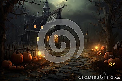 Rocky pathway leads to small terrible Halloween Horror house stands in depths of eerie black forest. Stock Photo