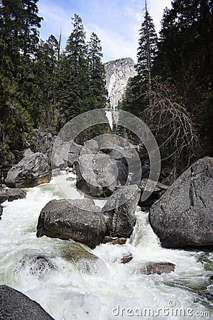 Rocky river with big boulders surrounded by green trees Stock Photo