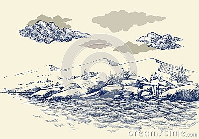 Rocky sea shore hand drawing Vector Illustration