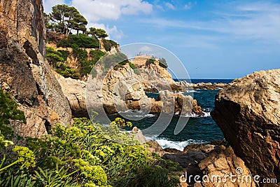 Rocky seascape in mediterranean sea on spanish coast in Lloret de Mar, Costa Brava, Spain Stock Photo